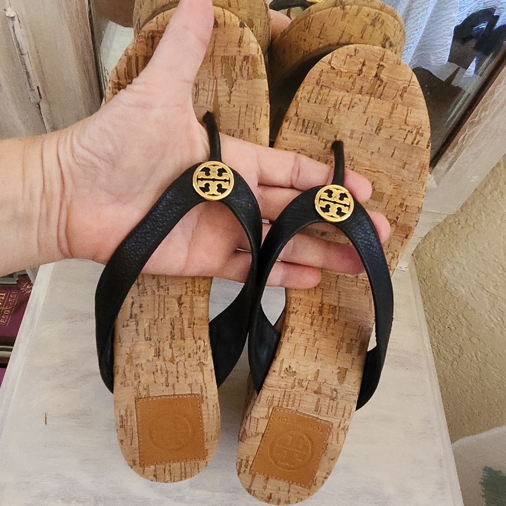 TORY BURCH CORK WEDGE SLIPPERS FLIP FLOPS SANDALS - Picture 8 of 8